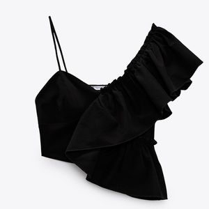 ZARA Black Stretch Combination Fabric Asymmetric Ruffled Crop Top Blouse